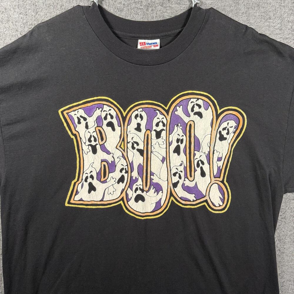 VTG Halloween Boo Ghost Hanes Shirt Mens Large Black Graphic Tee Spooky Cartoon